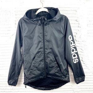 Adidas Black Zip Up Mesh Lined Windbreaker Hoodie Sleeve Logo Size‎ XS